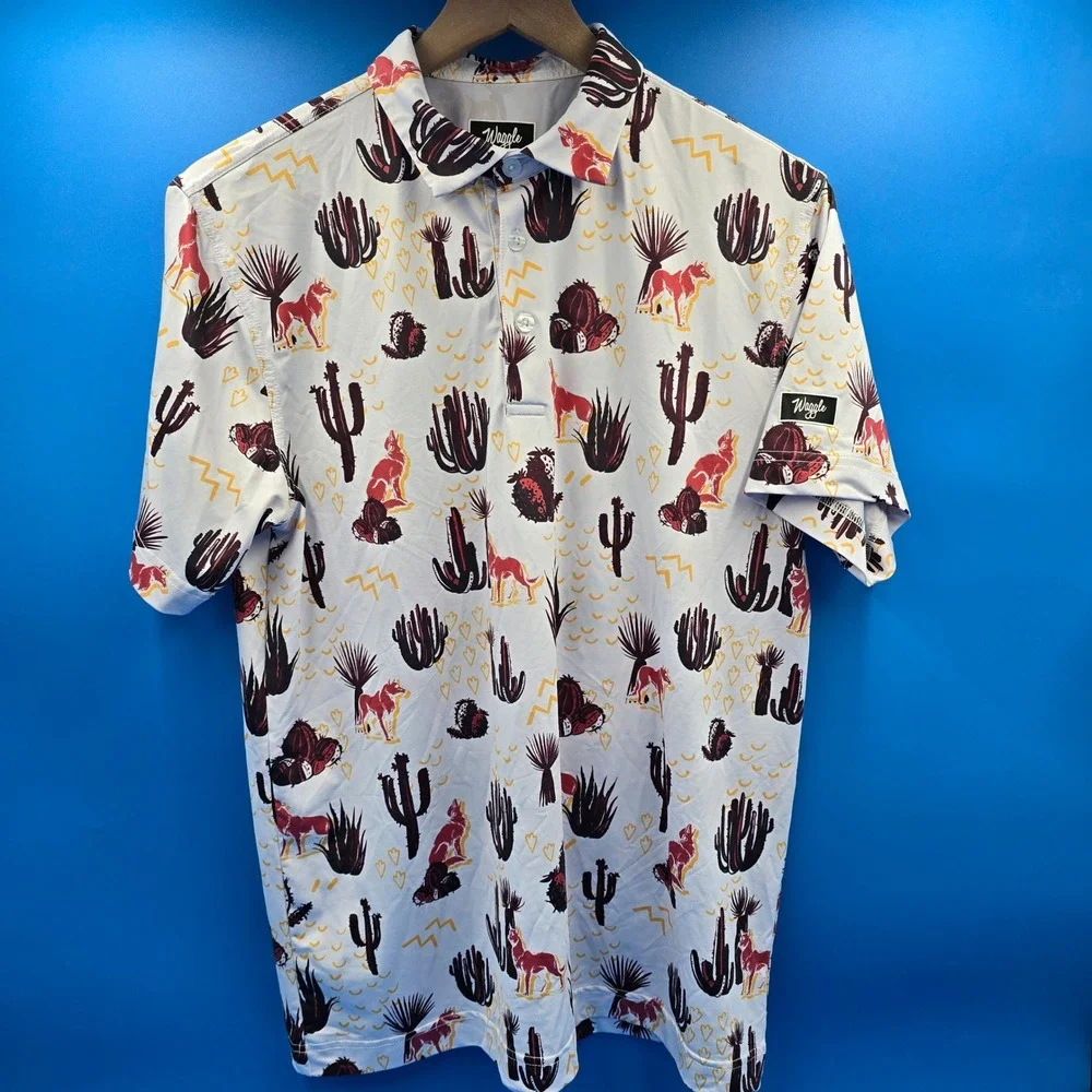 Waggle Golf Polo Shirt Mens M Desert Coyote Cactus Short Sleeve White Multi - Picture 2 of 6